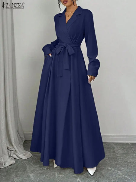Women Maxi Dresses Elegant Lapel Neck Long Sleeve Fitted Waist Belted Wrapped Long Dress Commuting Woman Clothes