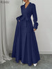 Women Maxi Dresses Elegant Lapel Neck Long Sleeve Fitted Waist Belted Wrapped Long Dress Commuting Woman Clothes