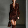 Spring Retro Imitation Suede Tassels Party Dress Woman Sexy Lapel Draped Irregular Dress Autumn Long Sleeve Slim Mini Dress