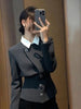 Light Slim Fit Blazers Women Fake Two Piece Patchwork Button Suit Jacket Autumn Vintage Office Lady Female Simple Tops
