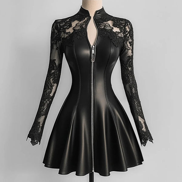 Women's Mini Lace Faux Leather PU Dress Hollow Out Elegant Zip-fly Pleated A-line Elegant Gothic Long Sleeve Casul Retro Dress