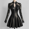 Women's Mini Lace Faux Leather PU Dress Hollow Out Elegant Zip-fly Pleated A-line Elegant Gothic Long Sleeve Casul Retro Dress