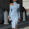 Women's White Off Shoulder Asymmetric Bodycon Dresses Autumn High Collar Cutout Long Sleeve Ruched Slit Slim Midi Dress