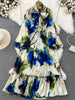 Spring Autumn Women's Long Sleeved Dress Temperament Loose Large Size Lace Up Printed Long Dress Female C329
