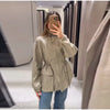 Causal Long Sleeved Grid Female Jacket Drawstring Tight Loose Women's Trench Collar Single Breasted Pocket Outerwear
