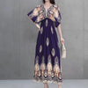 Women Bohemian Ethnic Printed Holiday Dress V-Neck Elastic Waist Casual Batswing Sleeve Mid Dress Elegant Vintage Retro Dress