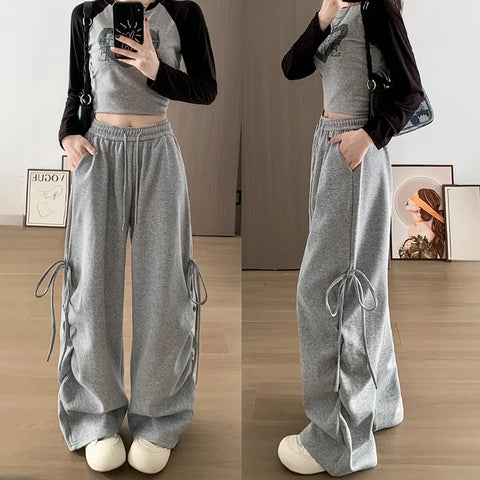 Harajuku Wide Leg Sweatpants for Woman Y2K Bow Lace-Up High Waist Oversized Pants Hip Hop Baggy Gray Sports Trousers Women