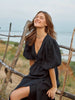 100% Cotton V-neck Waist Cinched Dress Unique Lantern Sleeve Sexy Slit Long Skirt Women's Casual Dresses