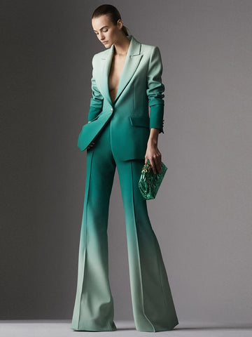 High Street Designer Suit Set Women's Gradient Color Printed Single Button Blazer Flare Pants Suit 2pcs