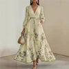 Women's Pleated Dress Spring Autumn Florat Printed Deep V-neck Long-sleeved Maxi Elegant Party Dresses For Women