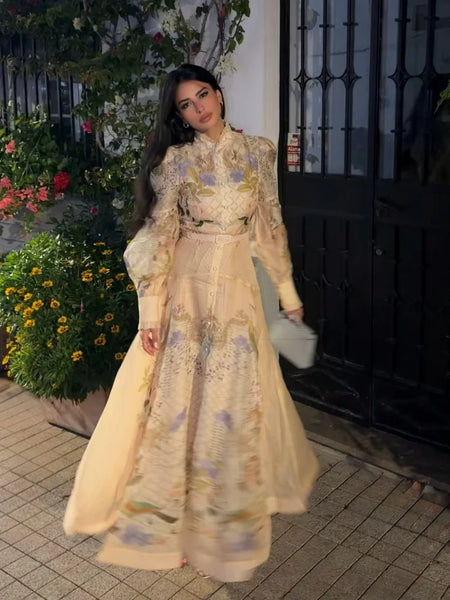 Floral Print Women Dress Button Down Mock Neck Maxi Dresses Long Lantern Sleeve A-Line Waist Belt Flared Hem Elegant Streetwear