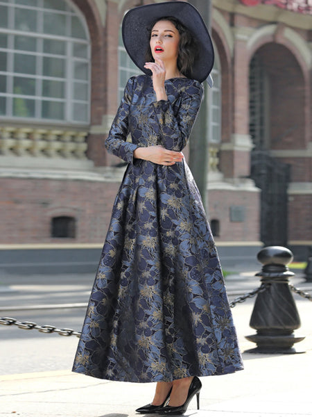 Quality Elegant Women Long Sleeve Maxi Dress Floral Jacquard V Neck Lady Autumn Winter Party Formal Vestidos