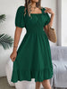Solid Puff Sleeve Square Neck Ruched Bust Ruffle Hem Wasit Dress, Women's Clothing