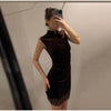 Elegant Lace Patchwork Short Dress Women See Through High Collar Flare Sleeve Party Dresses Autumn Lady Evening Robes