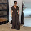 Chic Solid Stand Neck Blazer Jacket Pant Set Women Full Sleeve Shoulder Pads Coat Wide Leg Pants Autumn Commute Outfit