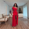 Women One Shoulder Skew Neck High Split Pleated Hem Bodycon Long Maxi Dress Evening Sexy Club Party Dresses Vestido