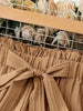 Women's Khaki Textured Wide-Leg Pants, High-Waisted Paperbag Waist with Tie, Draped Straight-Leg Trousers