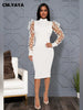 Elegant Women Floral Applique Mesh Long Sleeve Knit Ribbed Sweater Dress Autumn Winter Bodycon Dresses Vestidos