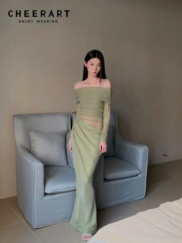 Off The Shoulder Green Mesh Long Dress Woman Long Sleeve See Through Designer Midi Dress Spring