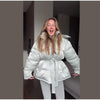 Shiny Stylish Women's Winter Jackets Hooded Waist-Defining Belt Thicken Pockets Full Sleeve Padded Coats Lady Jacket For Women