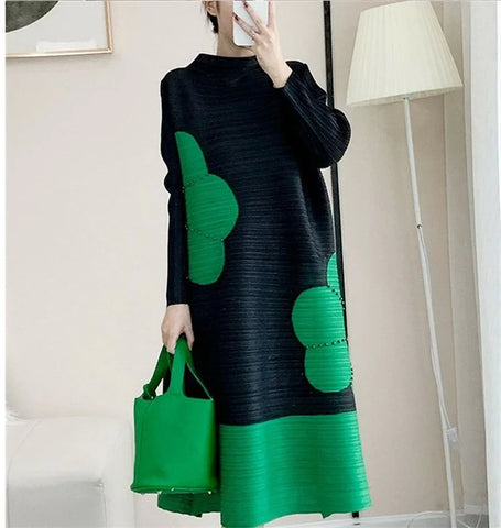 Womens Dresses Long Dresses High-quality Printed Long Skirt Elegant Temperament and Pleated Round Neck Dress