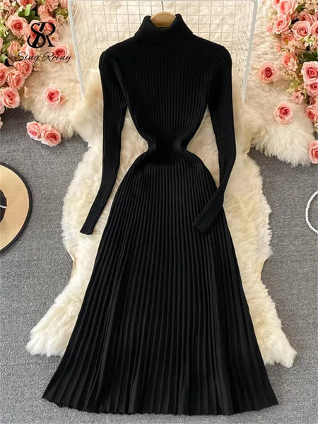 Women Pleated Knitted Dress Turtleneck Long Sleeve Elastic Slim Pencil Dress Autumn Winter Sexy Bodycon Sweater Dress