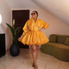 Women Organza Puff Mini Dress V Neck Lantern Long Sleeve Ruched Waist Bubble Hem Short Cocktail Dress Wedding Guest Party Dress