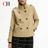 CH Women Tailored Double Breasted Stand Collar Cropped Trench Coat Shoulder Strap Cuff Buckle Business Commute Layer Outerwear