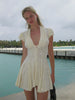 Cream White Polka Dot Mini Dress Women Deep V Neck Short Puff Sleeve Pleated Front Buttons Slim Fit Casual Party Dresses