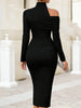 Elegant Hight Waist Draped Bodycon Dresses High Collar Split Midi Dress Women Casual Long Sleeve Solid Slim Party Dress