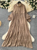 Spring Vintage Loose Dresses Women Lantern Sleeve Turn-down Collar Solid Single Breasted Casual Folds Long Dress