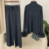 2 Pieces Sets For Women High Neck Loose Sweater With Fox Fur Cuffs Wide Leg Trousers Spring Winter 2DB1757