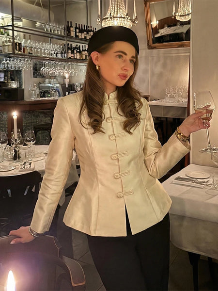 Stand-Collar Satin Frog-Button Jacket Cream Tailored Long-Sleeve Silky Spring Elegant Retro Women Outerwear Blazer