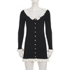 Elegant Ruffle Knitted Mini Dress Women Patchwork V Neck Long Sleeve Slim Short Dress Autumn Vintage Evening Party Vestidos