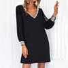 Dresses For Women Elegant Shiny Mesh Stitching Long Sleeve Robe Solid Color V Neck Mini Dress Evening Party Dresses Vestido