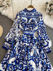 Spring Autumn Retro Palace Long Sleeved Standing Neck Waist Slim Appearance Single woman Breasted A-line Celadon Print Dress