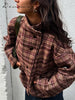 Vintage Stand Collar Plaid Coat Women's Single Breasted Long Sleeve Pocket Classic Jacket Autumn Lady Chic Streetwear