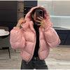 Chic Glossy Zipper Hooded Coat Women's Warm Elastic Waist Pleated Cropped Puffer Jacket Winter Lady High Street Outwear
