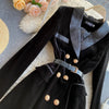 Autumn Winter British Style Double breasted Slim Velvet Dress Femme Vintage Elegant Solid Color Lapel Collar Vestido