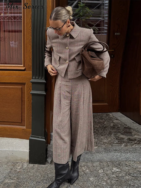 Houndstooth Blazer Set Women Lapel Collar Full Sleeve Coats Loose Long Trouser Lady Vintage Two Piece Outfit