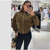 Women's Cropped Bomber Jacket Stand Collar Zipper Patch Pocket Rib Trim Long Sleeve Short Coat Vintage Autumn Casual Outfit