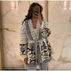 Jacquard Fringe Belted Wrap Knit Cardigan Lapel All Over Pattern Raw Fringe Autumn Winter Commute Lady Women Casual Coat