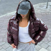 Solid Glossy Zipper Hooded Coats Women's Warm Elastic Waist Pleated Short Cotton Jacket Winter Lady High Street Outwear