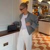 Double Zip Rib Collar Women Cropped Jacket Long Sleeve Side Pockets Loose Oversized Solid Autumn Coats Daily Chic Jackets