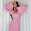 Solid Ribbed Trumpet Long Sleeve Maxi Dress Back Lace-Up Straps Elegant Casual For Women A little thinner Dresses All seasons
