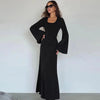 Solid Ribbed Trumpet Long Sleeve Maxi Dress Back Lace-Up Straps Elegant Casual For Women A little thinner Dresses All seasons