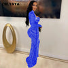 Women Mesh See Though Diamonds Rhinestones Cutout Front Long Sleeve Sexy Party Club Evening Prom Maxi Long Dress