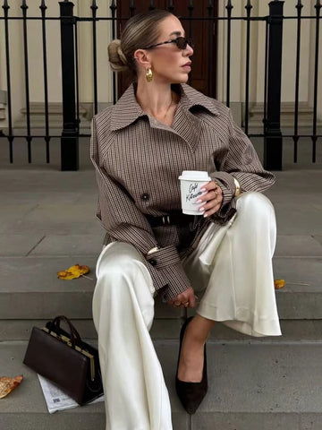Women Cropped Trench Coat Chic Lapel Double Breasted Belted Waist Tie Long Sleeve Jacket Classic Plaid Windbreaker