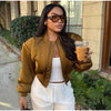 Elegant Full Sleeve Short Jacket Women Chic Zipper O-neck Shoulder-padded Blazer Coat Female Solid Coats Lady