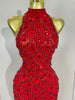 Sparkly Red Rhinestones Feather Sexy Mesh See Through Long Dress Women Birthday Evening Nightclub DJ Dancer Stage Costume